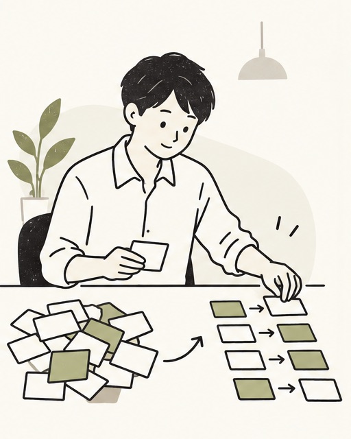 作業カードを整理し、業務の流れを組み立てる人物のイラスト