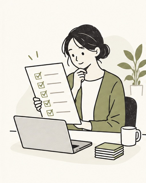 処理結果のチェックリストを確認する人物のイラスト